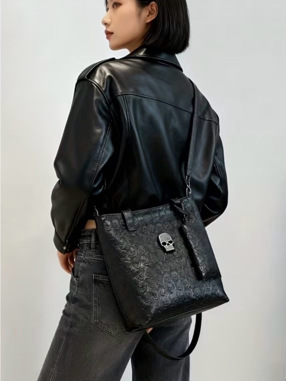 Black Embossed Skull 2 pc Tote and Zip Pouch